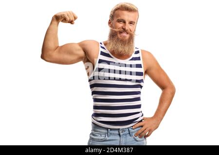 Junge bärtige Kerl trägt eine gestreifte Weste und Flexing ein Bizepmuskel isoliert auf weißem Hintergrund Stockfoto