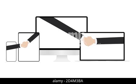 Computer, Tablet, Online Abschluss der Transaktion. Business-Handshake, über Telefon und Laptop, Computer, Tablet,. vektor-Illustration. Stock Vektor