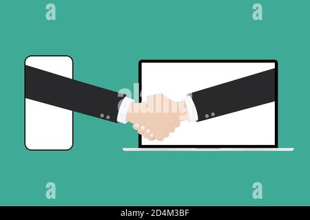 Online Abschluss der Transaktion. Business-Handshake, per Telefon und Laptop. vektor-Illustration. Stock Vektor