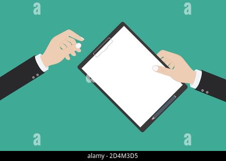 Leere Zwischenablage in Händen Geschäftsmann. Leeres Leerzeichen für Text. Vektor-Illustration, flaches Design. Leeres Blatt weißes Papier. Stock Vektor