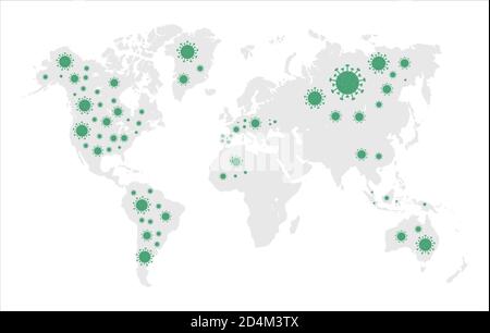 Coronavirus auf einer Weltkarte. Das Virus ist in China, Europa, USA, Afrika, Australien und vielen anderen Ländern. Stock Vektor