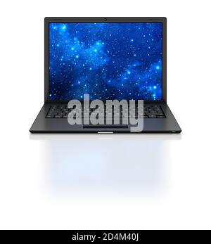 Laptop isoliert auf schwarzem Hintergrund, ausgeschnitten, isoliert. Studioaufnahme. Sauber. Kein Logo, kein Branding. Geradeaus. Leerer Bildschirm. Stockfoto