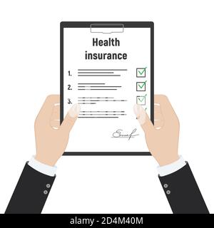 Krankenkassenanspruchformular in der Hand halten. Gesundheitskonzept. Lebensplanung. Antragsformular für medizinische Zwischenablage. Schutzdokument. Stock Vektor