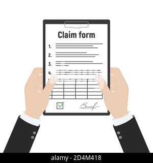 Formular für Versicherungsanspruch. Unfallkonzept. Man schreibt Form. Transportunfall. Stock Vektor