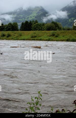 Überschwemmt rhein in Liechtenstein und der Schweiz nach ein paar Schwere Regentage 30.8.2020 Stockfoto