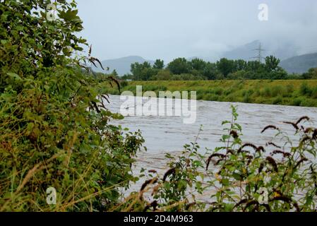 Überschwemmt rhein in Liechtenstein und der Schweiz nach ein paar Schwere Regentage 30.8.2020 Stockfoto