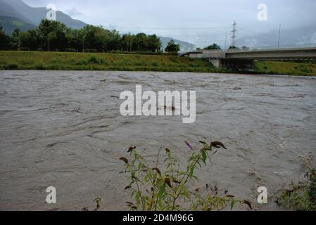 Überschwemmt rhein in Liechtenstein und der Schweiz nach ein paar Schwere Regentage 30.8.2020 Stockfoto