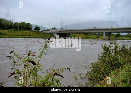 Überschwemmt rhein in Liechtenstein und der Schweiz nach ein paar Schwere Regentage 30.8.2020 Stockfoto