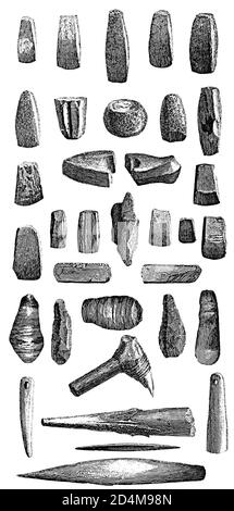 Antike Darstellung von Artefakten in Stelzenhäusern am Bodensee. Veröffentlicht in Systematischer Bilder-Atlas zum Conversations-Lexikon, Ikonographisc Stockfoto