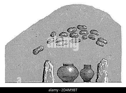 Antike Gravur von Tumulus und Graburnen. Veröffentlicht in Systematischer Bilder-Atlas zum Conversations-Lexikon, Ikonographische Enzyklopädie der Stockfoto