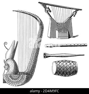 Stich des Musikinstruments aus dem 19. Jahrhundert aus dem alten Ägypten. Veröffentlicht in Systematischer Bilder-Atlas zum Conversations-Lexikon, Ikonographische E Stockfoto