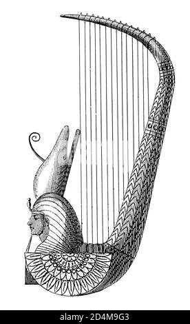 Stich des Musikinstruments aus dem 19. Jahrhundert aus dem alten Ägypten. Veröffentlicht in Systematischer Bilder-Atlas zum Conversations-Lexikon, Ikonographische E Stockfoto