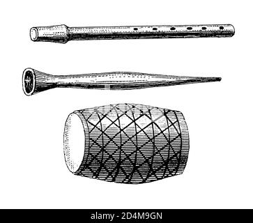 Stich des Musikinstruments aus dem 19. Jahrhundert aus dem alten Ägypten. Veröffentlicht in Systematischer Bilder-Atlas zum Conversations-Lexikon, Ikonographische E Stockfoto