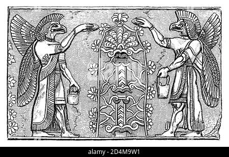 19. Jahrhundert Illustration von Nisroch und dem heiligen Baum. Veröffentlicht in Systematischer Bilder-Atlas zum Conversations-Lexikon, Ikonographische Encyklop Stockfoto