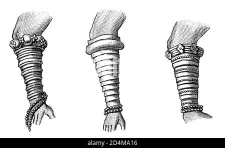 Stich von indischem Schmuck aus dem 19. Jahrhundert. Veröffentlicht in Systematischer Bilder-Atlas zum Conversations-Lexikon, Ikonographische Enzyklopädie der Wiss Stockfoto