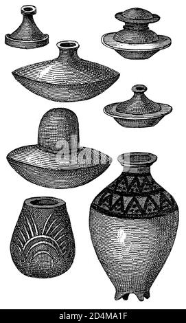 Antike Gravur indischer Keramik aus dem 19. Jahrhundert. Veröffentlicht in Systematischer Bilder-Atlas zum Conversations-Lexikon, Ikonographische Encyklopedie de Stockfoto