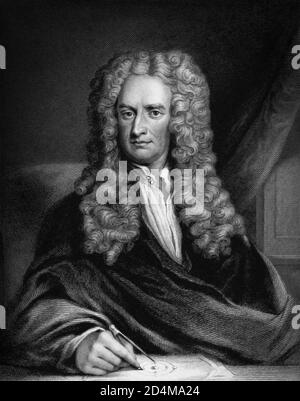 Sir Isaac Newton PRS (1642/43-1726/27) war ein englischer Mathematiker, Physiker, Astronom, Theologe und Autor (in seiner eigenen Zeit als "Naturphilosoph" beschrieben), der weithin als einer der einflussreichsten Wissenschaftler aller Zeiten und als eine Schlüsselfigur in der wissenschaftlichen Revolution anerkannt ist. Stockfoto