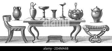 Antike Gravur von Artefakten aus dem antiken Griechenland. Veröffentlicht in Systematischer Bilder-Atlas zum Conversations-Lexikon, Ikonographische Encyklopedie Stockfoto