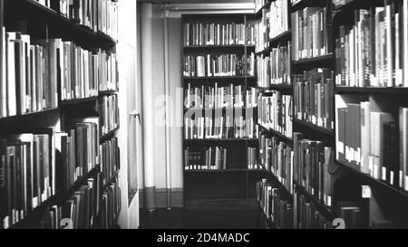 Bücher auf Bücherregalen im Hintergrund der öffentlichen Bibliothek. Schulbuch im Bücherregal schönes Konzept. Schwarz und weiß. Stockfoto