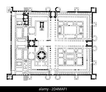 Antike Gravur eines Grundrisses des Diokletianpalastes in Split. Veröffentlicht in Systematischer Bilder-Atlas zum Conversations-Lexikon, Ikonographische Stockfoto
