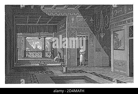 Stich aus dem 19. Jahrhundert von einer Innenansicht eines Hauses in Pompeji. Veröffentlicht in Systematischer Bilder-Atlas zum Conversations-Lexikon, Ikonographische en Stockfoto