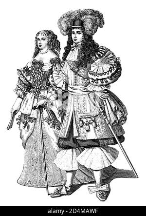 Antike Illustration von westeuropäischen Kostümen aus dem 17. Jahrhundert - Ludwig XIV. Von Frankreich und seine Gemahlin. Stich veröffentlicht in Systematischer Bilder Stockfoto
