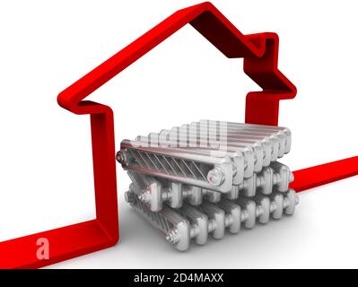 Einsparungen bei der Hausheizung. Gestapelte Abschnitte von gusseisernen Heizkörpern und einem roten symbolischen Haus auf einer weißen Oberfläche. 3D-Illustration Stockfoto