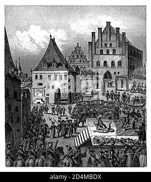 Stich der Rebellen auf dem Altstädter Ring in Prag im XVII. Jahrhundert (21.06.1621). Veröffentlicht in Systematischer Bilder-Atlas zu Stockfoto