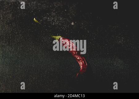 Getrocknete rote Chili-Pfeffer isoliert auf dem dunklen Hintergrund. Draufsicht, flach liegend. Stockfoto