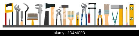 Werkzeuge Hintergrund horizontal. Isolierte Vektorobjekte. Zimmermann, Hausmeister, Handwerker. Reparatur von Räumlichkeiten, Gebäuden. Stockfoto