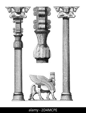 Antike Illustration von Säulen in Persepolis. Veröffentlicht in Systematischer Bilder-Atlas zum Conversations-Lexikon, Ikonographische Enzyklopädie der W Stockfoto