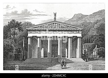 Stich des Zeustempel in Olympia aus dem 19. Jahrhundert. Veröffentlicht in Systematischer Bilder-Atlas zum Conversations-Lexikon, Ikonographische Encyklopa Stockfoto