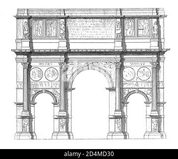 Antike Gravur des Bogens von Konstantin in Rom, Italien. Veröffentlicht in Systematischer Bilder-Atlas zum Conversations-Lexikon, Ikonogra Stockfoto