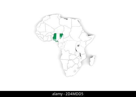 Afrika 3d Karte mit markierten Grenzen - Nigeria Gebiet markiert Mit Nigeria Flagge - isoliert auf weißem Hintergrund - 3D Abbildung Stockfoto