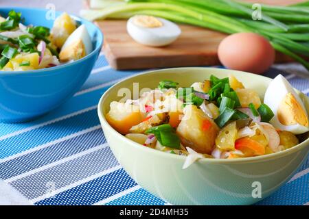 Kartoffelsalat in grünen und blauen Schalen. Der Hintergrund Schneidebrett, ein gekochtes Ei und grüne Zwiebel. Stockfoto