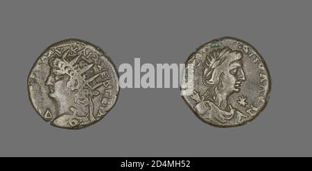 Die Vorderseite (Vorderseite) dieser Münze zeigt eine Büste von Kaiser Nero mit einem Kuirass (Militärmantel) nach links. Das Datum, an dem diese Münze geprägt wurde, ist in der Inschrift angegeben '' LI âˆ† '' (nur der letzte Buchstabe ist in diesem Beispiel sichtbar), was bedeutet, das vierzehnte Jahr von Neroâ €™s Herrschaft oder 67-68 CE. Nero regierte als Kaiser von 54-68 u.Z. Stockfoto
