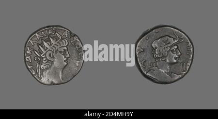 Die Vorderseite (Vorderseite) dieser Münze zeigt Kaiser Nero nach rechts strahlenden. Das Datum, an dem diese Münze geprägt wurde, ist in der Aufschrift '' LIB '' angegeben, was das zwölfte Jahr seiner Herrschaft oder 65-66 CE bedeutet. Nero regierte als Kaiser von 54-68 u.Z. Stockfoto