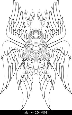 Tattoo-Stil Illustration von Seraph oder Seraphim, ein sechs-geflügelter feuriger Engel mit sechs Flügeln und Hirschgeweih von vorne gesehen in schwarz und weiß getan. Stock Vektor