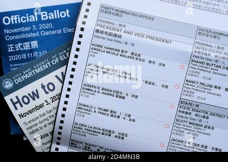 Offizielle Wahl für die Präsidentschaftswahl am 3. November 2020; mit nominierten Ämtern des Präsidenten und der Vizepräsidenten. Stockfoto