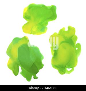 Wasserfarbe Grün und Gelb Spritzer Set. Alkoholtinte. Abstrakter, Farbenfroher Hintergrund. Handbemalte Aquarelltextur Stock Vektor