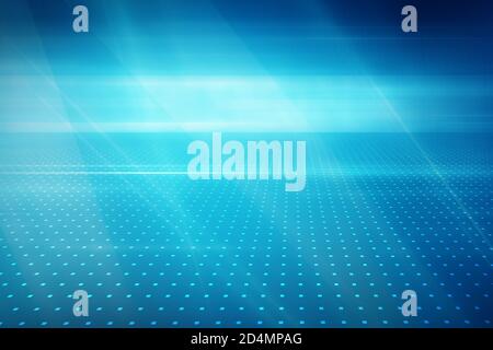Grafischer abstrakter Technologiehintergrund mit Rasterpunkten auf dem Boden, diagonale Lichtstrahlen auf blauem Hintergrund, 3d-Illustration Stockfoto