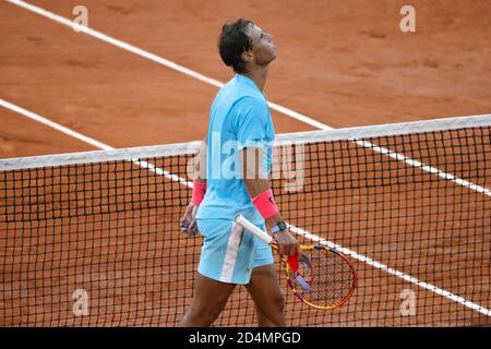 Afael NADAL (ESP) gewann das Spiel, Feier während der Roland Garros 2020, Grand Slam Tennisturnier, am 9. Oktober 2020 im Roland Garros Stadion Stockfoto