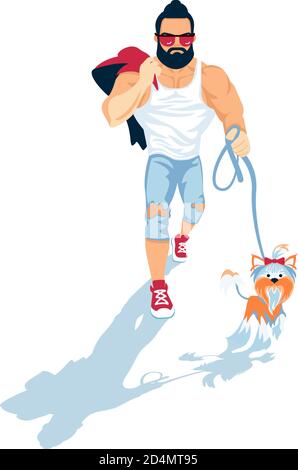 Mann mit kleinen yorkshire Terrier Vektor-Illustration. Bärtiger Athlet guy Walk ein Hund flach Stil Design. Stock Vektor