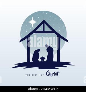 Fröhliche Weihnachten Krippe Szene mit heiligen Familie in Stall Silhouette Vektor Illustration Design Stock Vektor