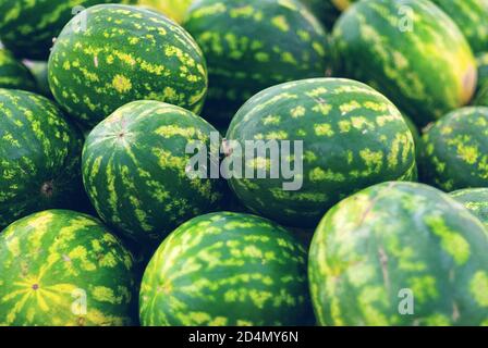 Stapel von Wassermelonen im Lebensmittelgeschäft Stockfoto