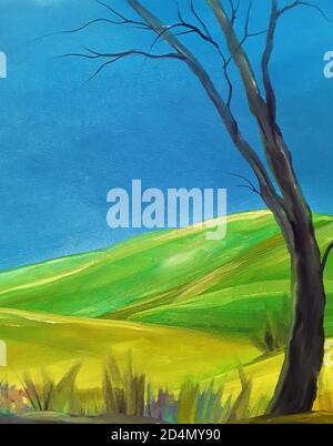 Ölgemälde, Landschaft, handgemachte Zeichnung, Illustration. Grüne und gelbe Wiesen, Hügel, Himmel, blaue Wolken, Pflanzen und trockene Bäume. Öl auf Leinwand. Stockfoto