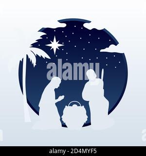 Happy Merry weihnachten Krippe Szene mit heiligen Familie Silhouette an Nachtvektor Illustration Design Stock Vektor