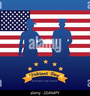 Happy Veterans Day Schriftzug mit Soldaten Silhouetten in usa Flagge vektorgrafik Design Stock Vektor