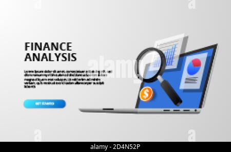 3d Finanzanalyse Konzept mit 3d Laptop Computer mit Daten Karte mit Lupe Stock Vektor