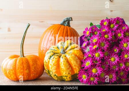 Herbstdekoration mit Kürbissen und Kürbis und schönen magentafarbenen Chrysanthemen. Stillleben, Holzhintergrund mit Kopierraum Stockfoto